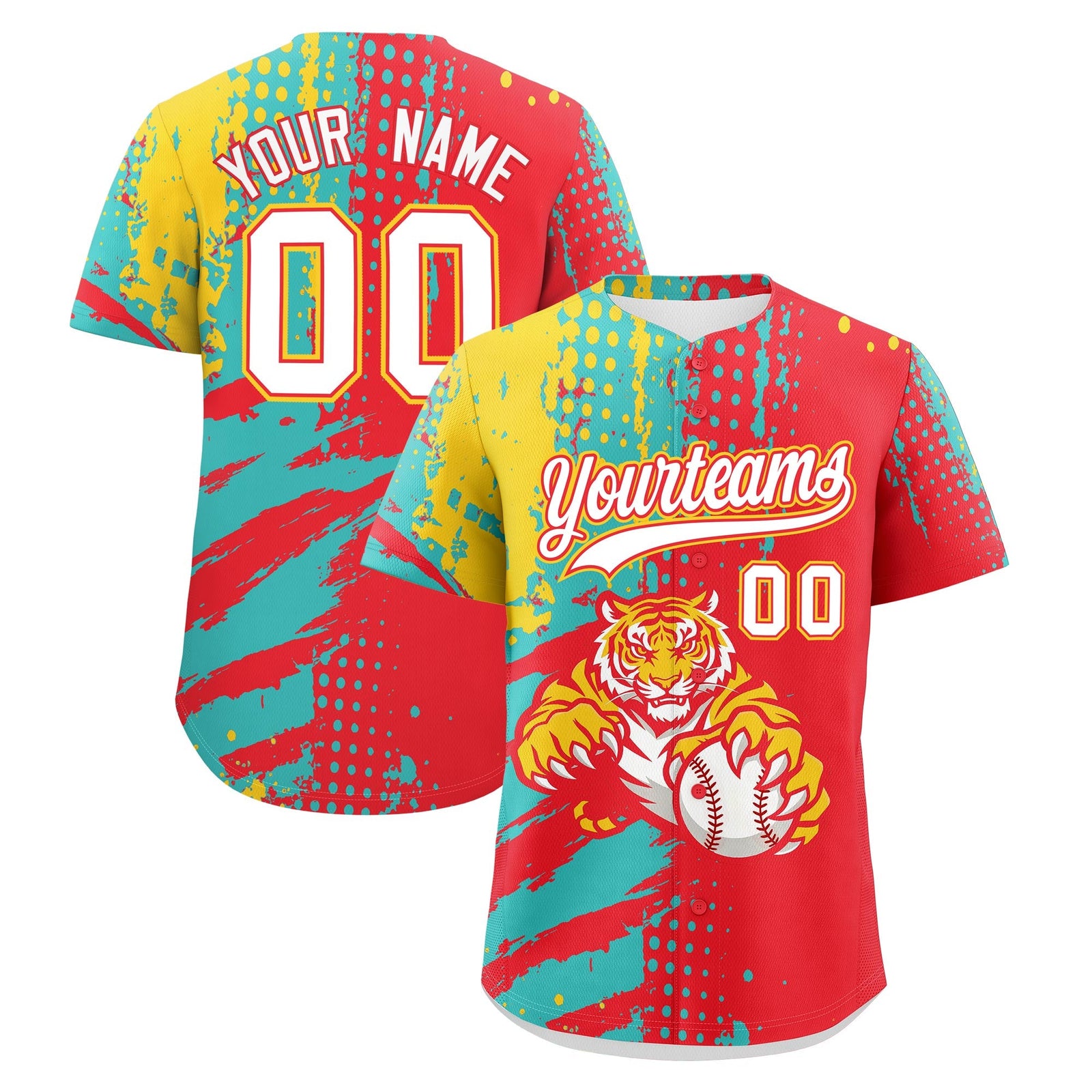 Custom Light Red Teal Gold Baseball Jersey Full-Snap Graffiti Pattern Tiger Graffiti Jersey