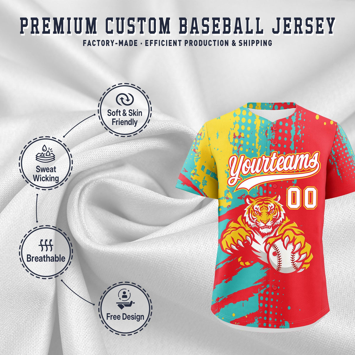 Custom Light Red Teal Gold Full-Snap Graffiti Pattern Tiger Graffiti Jersey Baseball Jersey| KXKSHOP