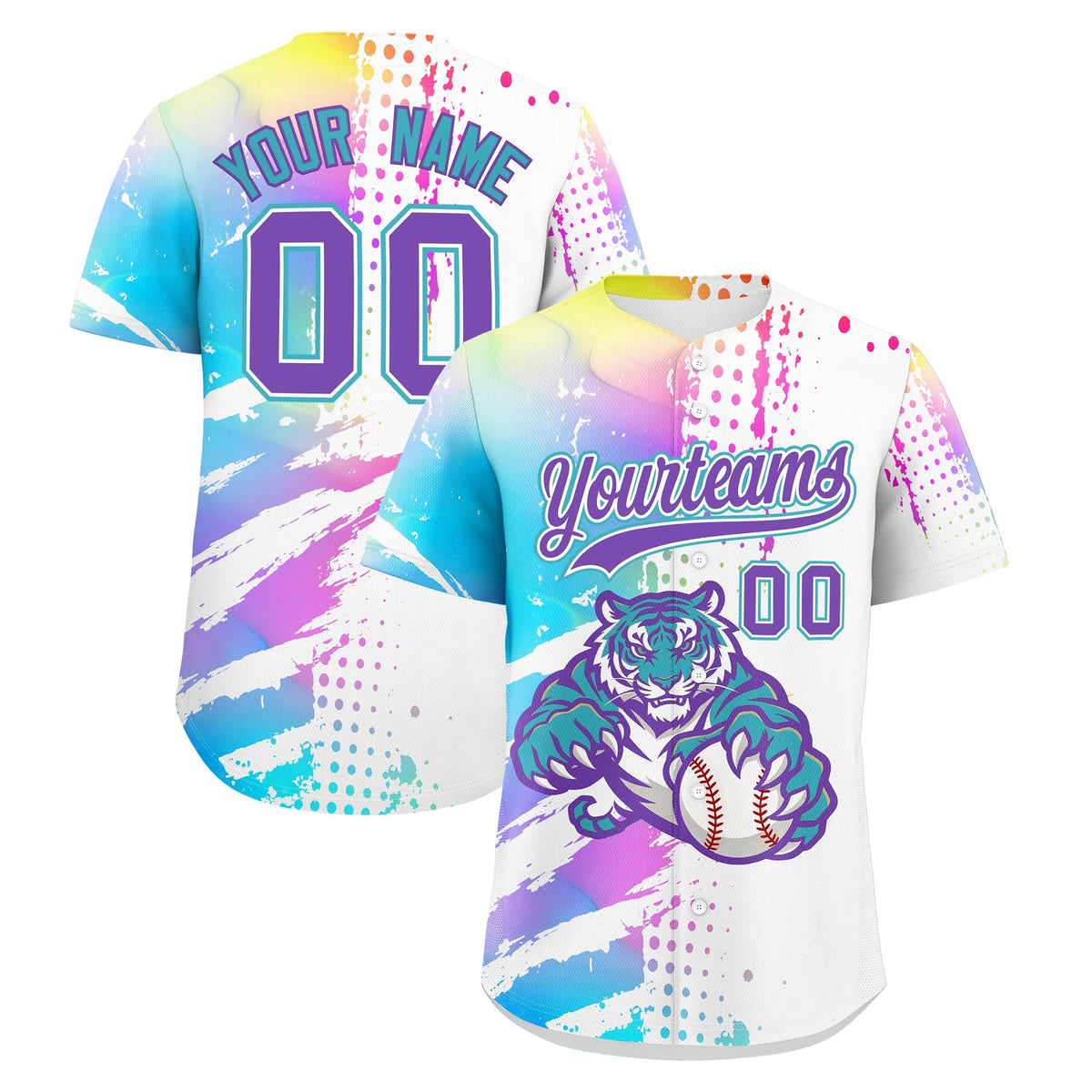Custom White Sky Blue Baseball Jersey Full-Snap Graffiti Pattern Tiger Graffiti Jersey