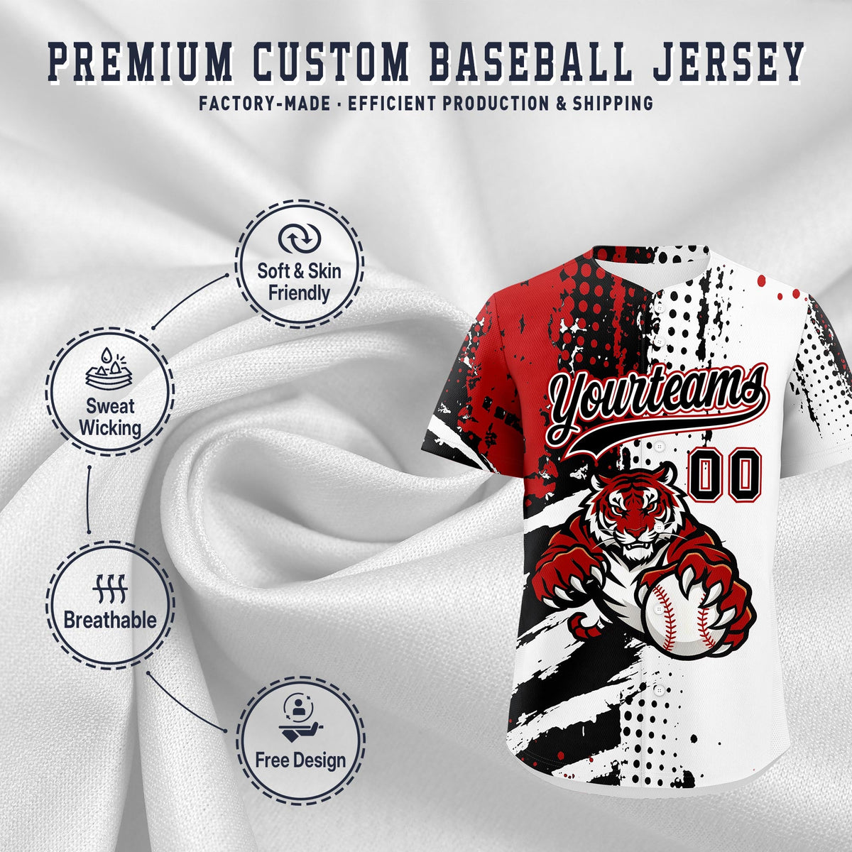 Custom White Black Red Full-Snap Graffiti Pattern Tiger Graffiti Jersey Baseball Jersey| KXKSHOP