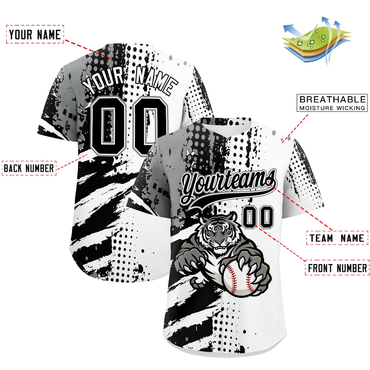 Custom White Black Gray Full-Snap Graffiti Pattern Tiger Graffiti Jersey Baseball Jersey| KXKSHOP