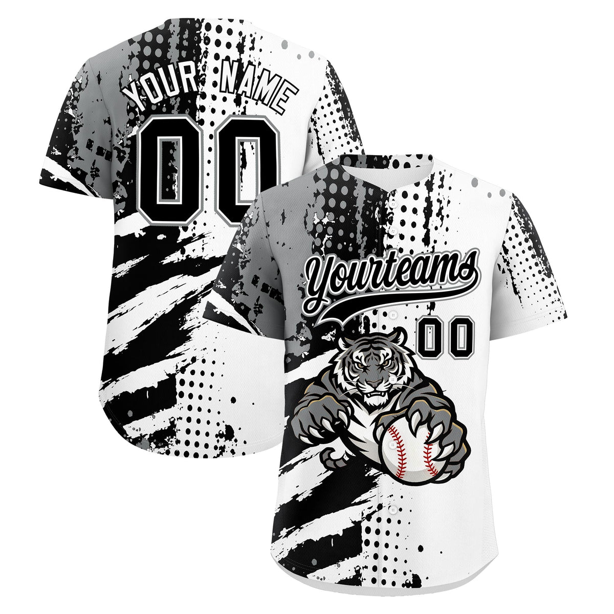 Custom White Black Gray Baseball Jersey Full-Snap Graffiti Pattern Tiger Graffiti Jersey