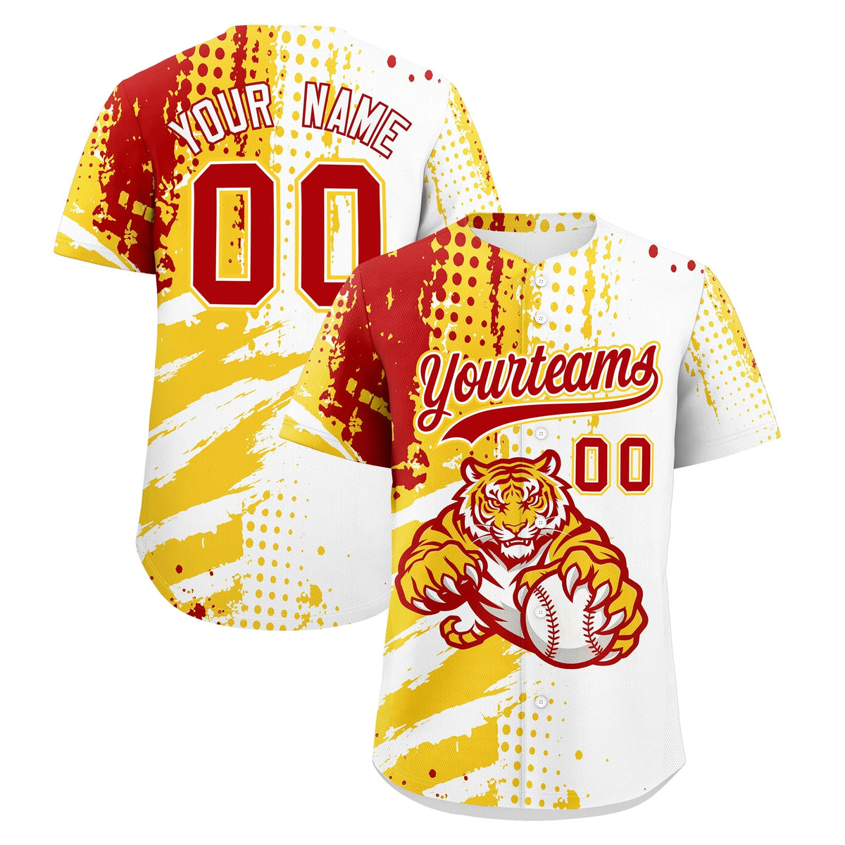 Custom White Gold Red Baseball Jersey Full-Snap Graffiti Pattern Tiger Graffiti Jersey