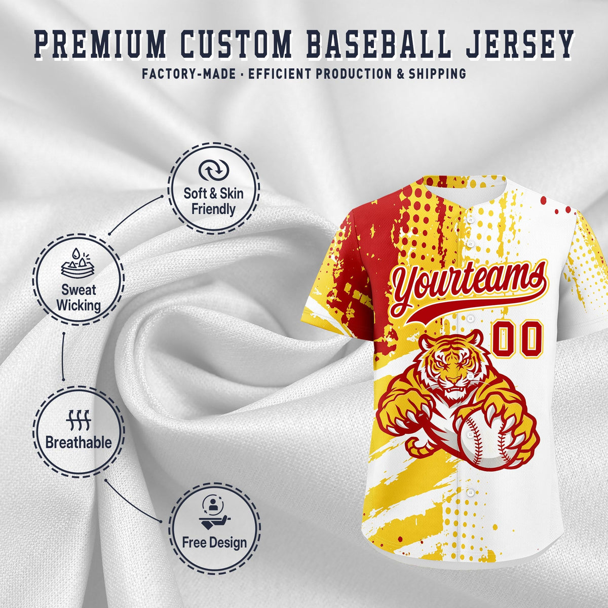 Custom White Gold Red Full-Snap Graffiti Pattern Tiger Graffiti Jersey Baseball Jersey| KXKSHOP
