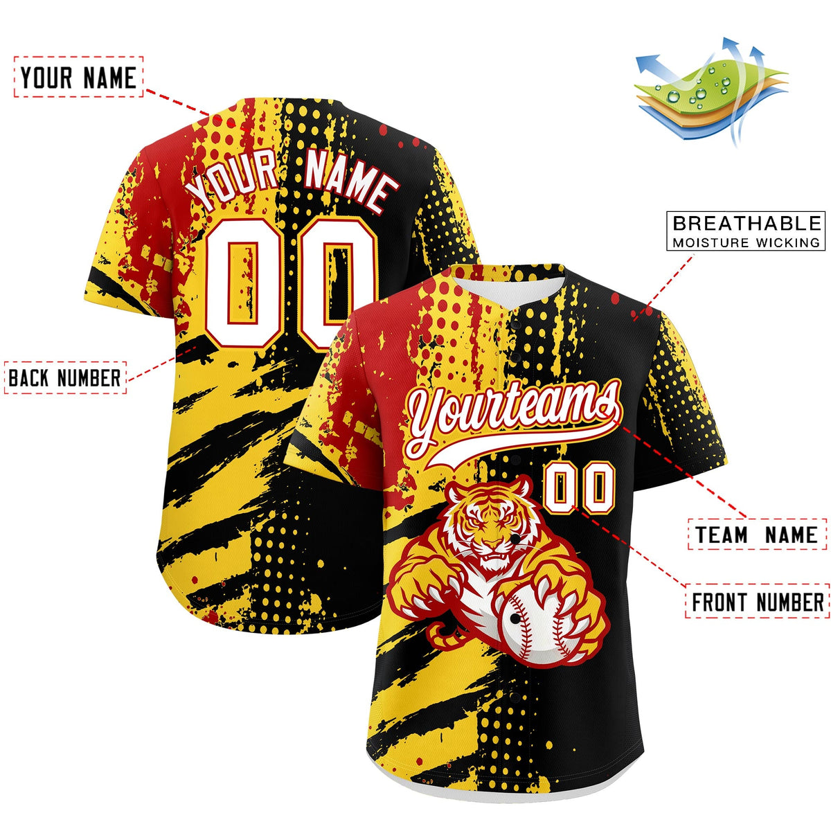 Custom Black Red Gold Full-Snap Graffiti Pattern Tiger Graffiti Jersey Baseball Jersey| KXKSHOP