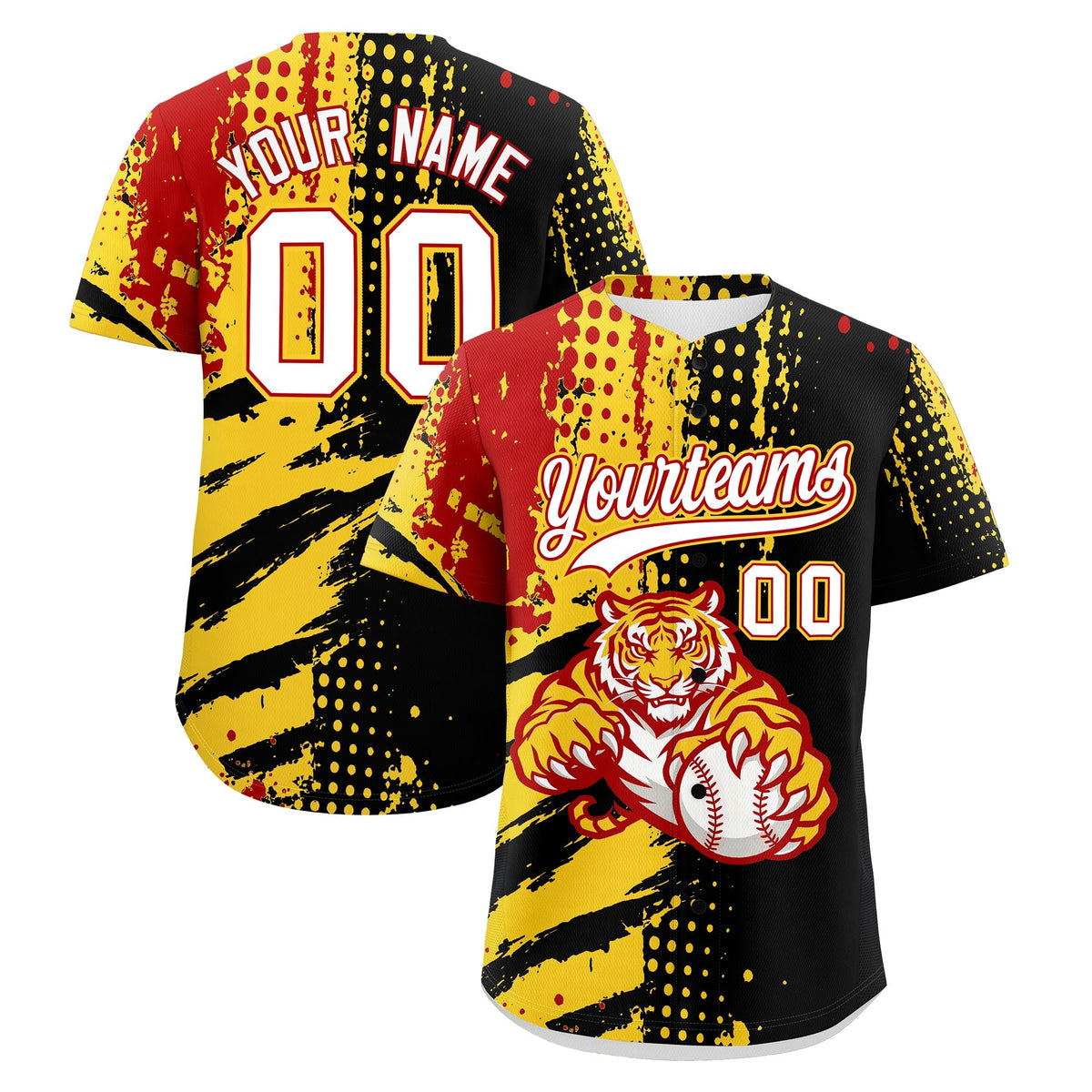 Custom Black Red Gold Baseball Jersey Full-Snap Graffiti Pattern Tiger Graffiti Jersey