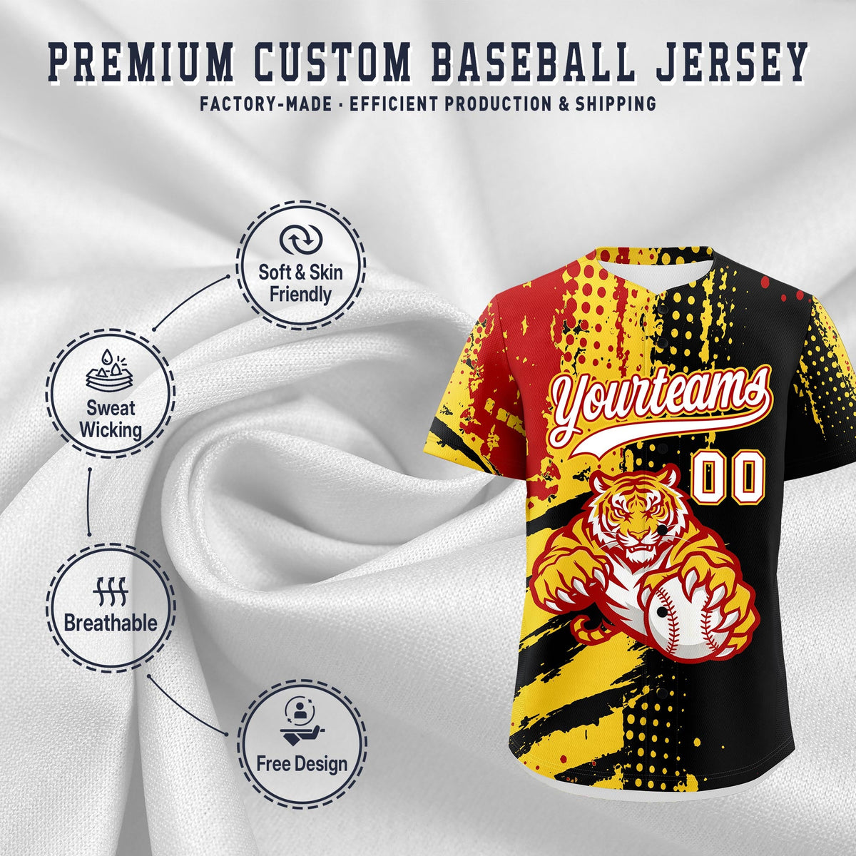 Custom Black Red Gold Full-Snap Graffiti Pattern Tiger Graffiti Jersey Baseball Jersey| KXKSHOP