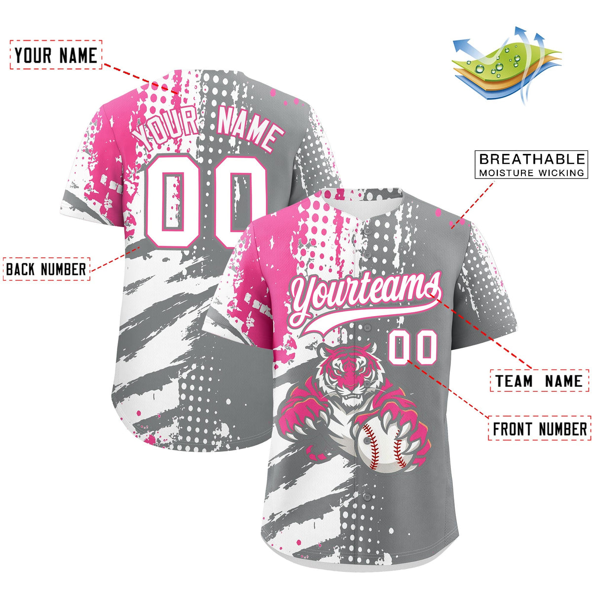 Custom Gray White Pink Full-Snap Graffiti Pattern Tiger Graffiti Jersey Baseball Jersey| KXKSHOP