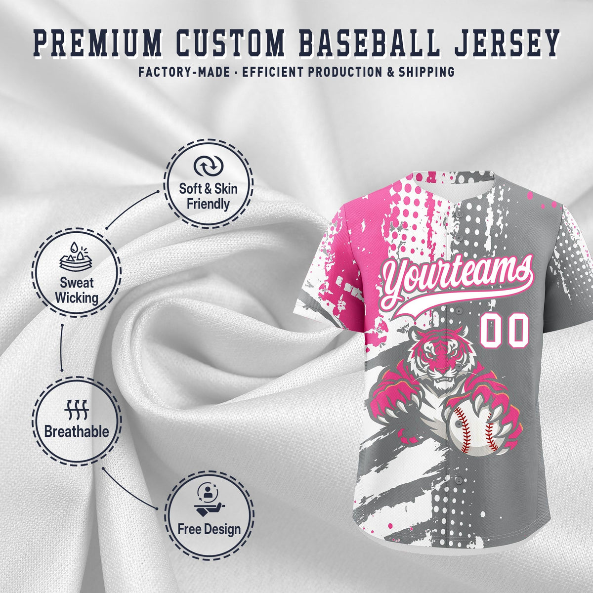 Custom Gray White Pink Full-Snap Graffiti Pattern Tiger Graffiti Jersey Baseball Jersey| KXKSHOP