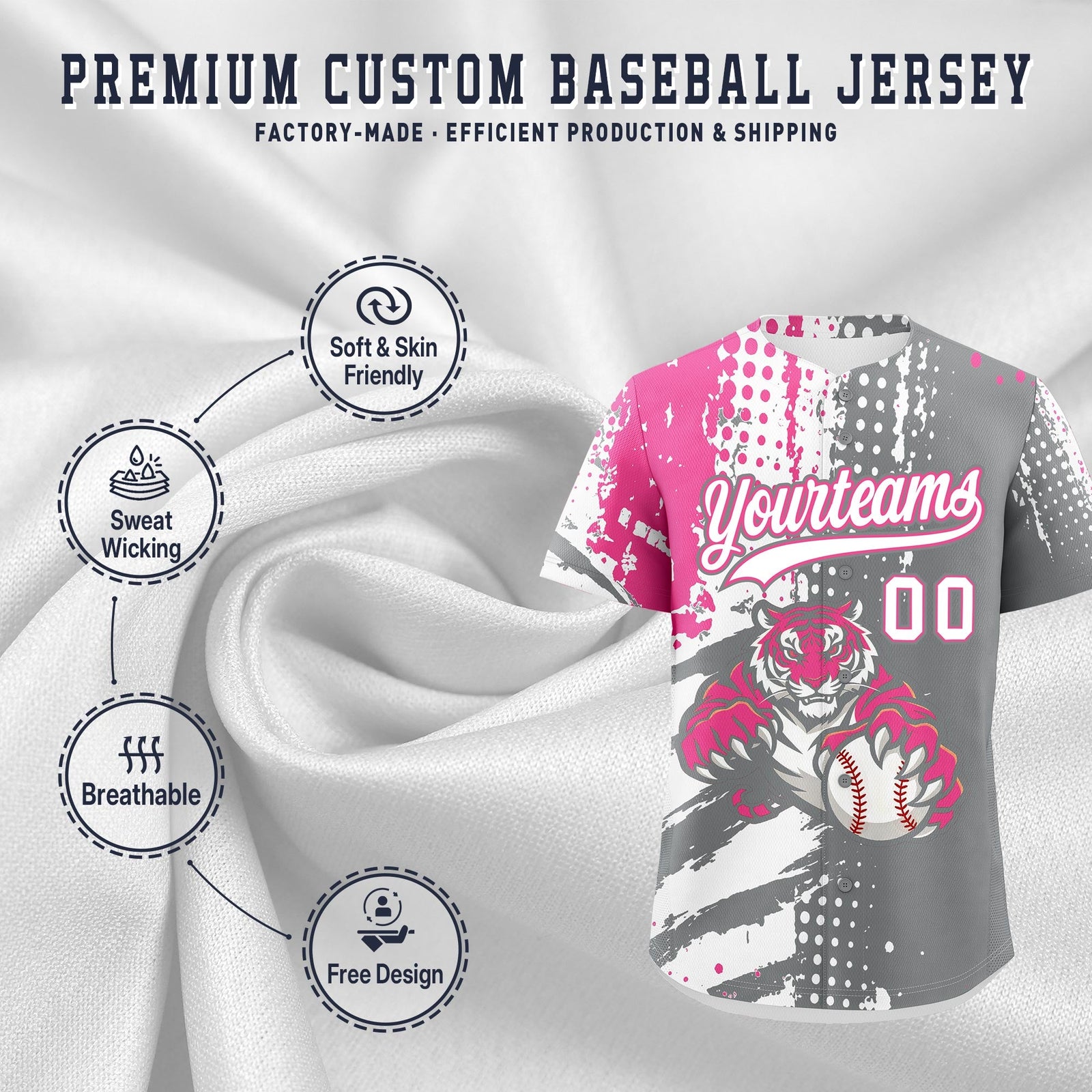 Custom Gray White Pink Full-Snap Graffiti Pattern Tiger Graffiti Jersey Baseball Jersey| KXKSHOP