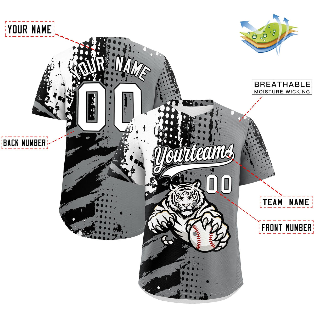 Custom Gray Black White Full-Snap Graffiti Pattern Tiger Graffiti Jersey Baseball Jersey| KXKSHOP