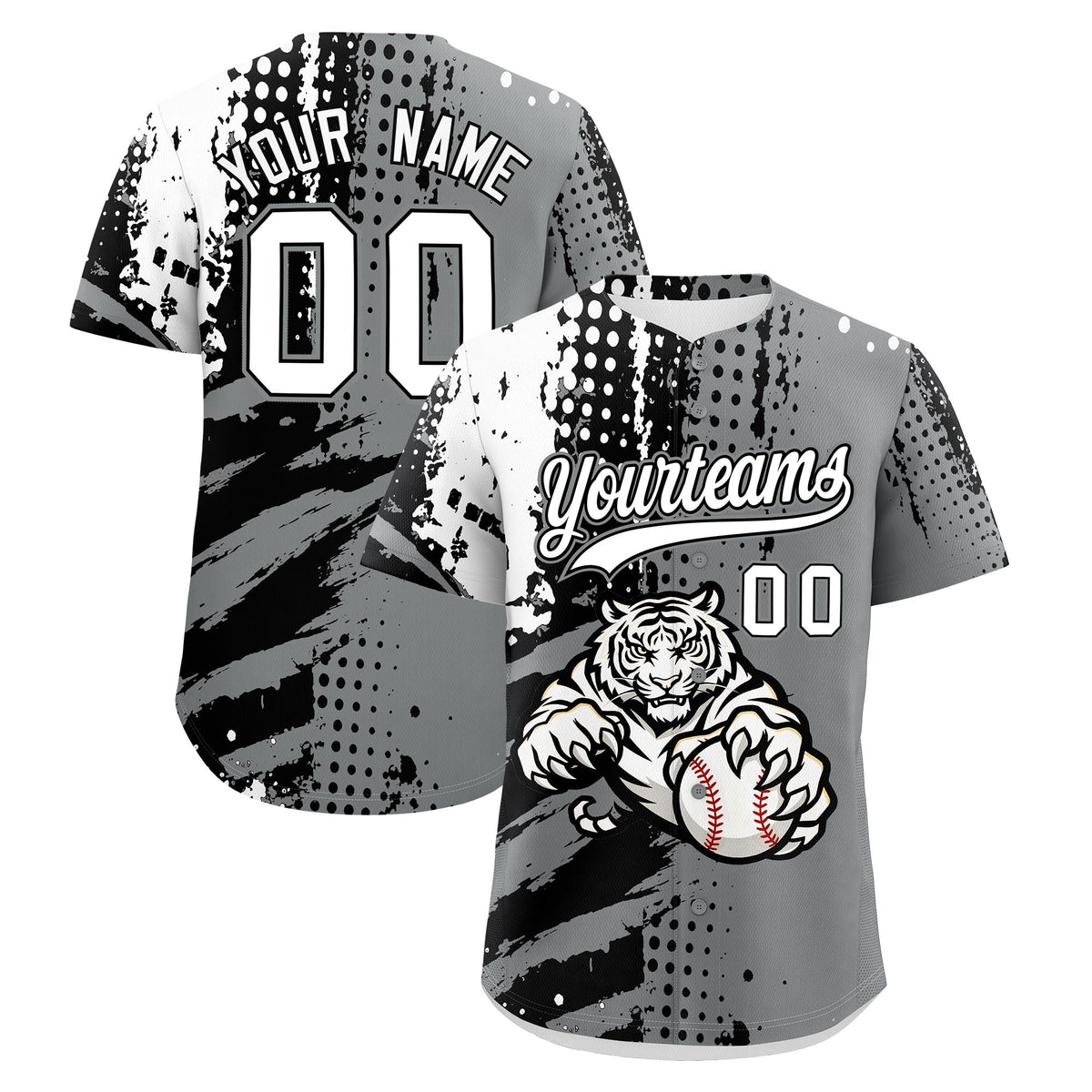Custom Gray Black White Baseball Jersey Full-Snap Graffiti Pattern Tiger Graffiti Jersey