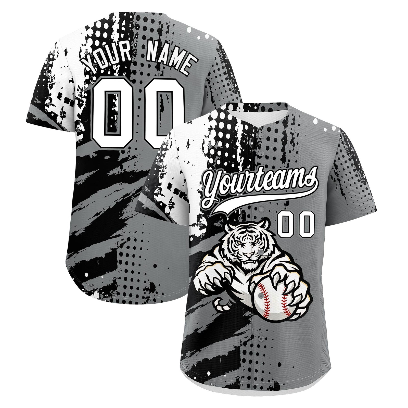 Custom Gray Black White Baseball Jersey Full-Snap Graffiti Pattern Tiger Graffiti Jersey