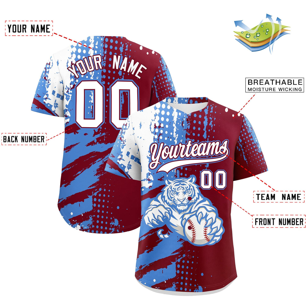 Custom Crimson Powder Blue White Full-Snap Graffiti Pattern Tiger Graffiti Jersey Baseball Jersey| KXKSHOP