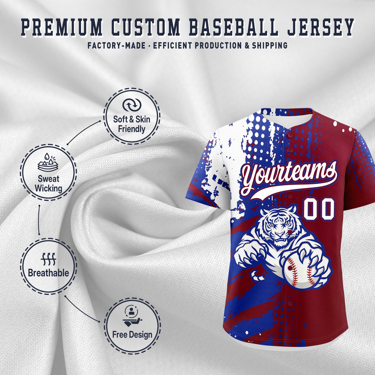 Custom Crimson Royal Blue White Full-Snap Graffiti Pattern Tiger Graffiti Jersey Baseball Jersey| KXKSHOP