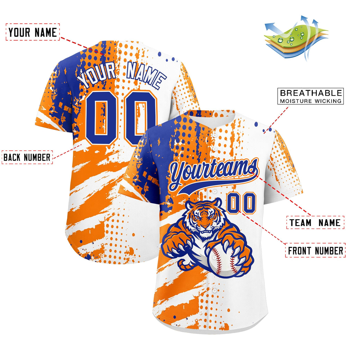 Custom White Orange Royal Blue Full-Snap Graffiti Pattern Tiger Graffiti Jersey Baseball Jersey| KXKSHOP