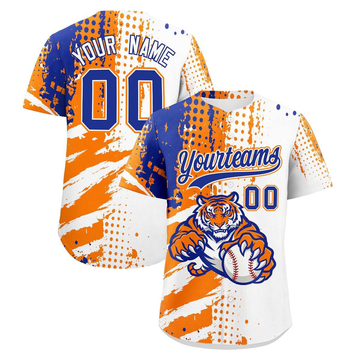 Custom White Orange Royal Blue Baseball Jersey Full-Snap Graffiti Pattern Tiger Graffiti Jersey