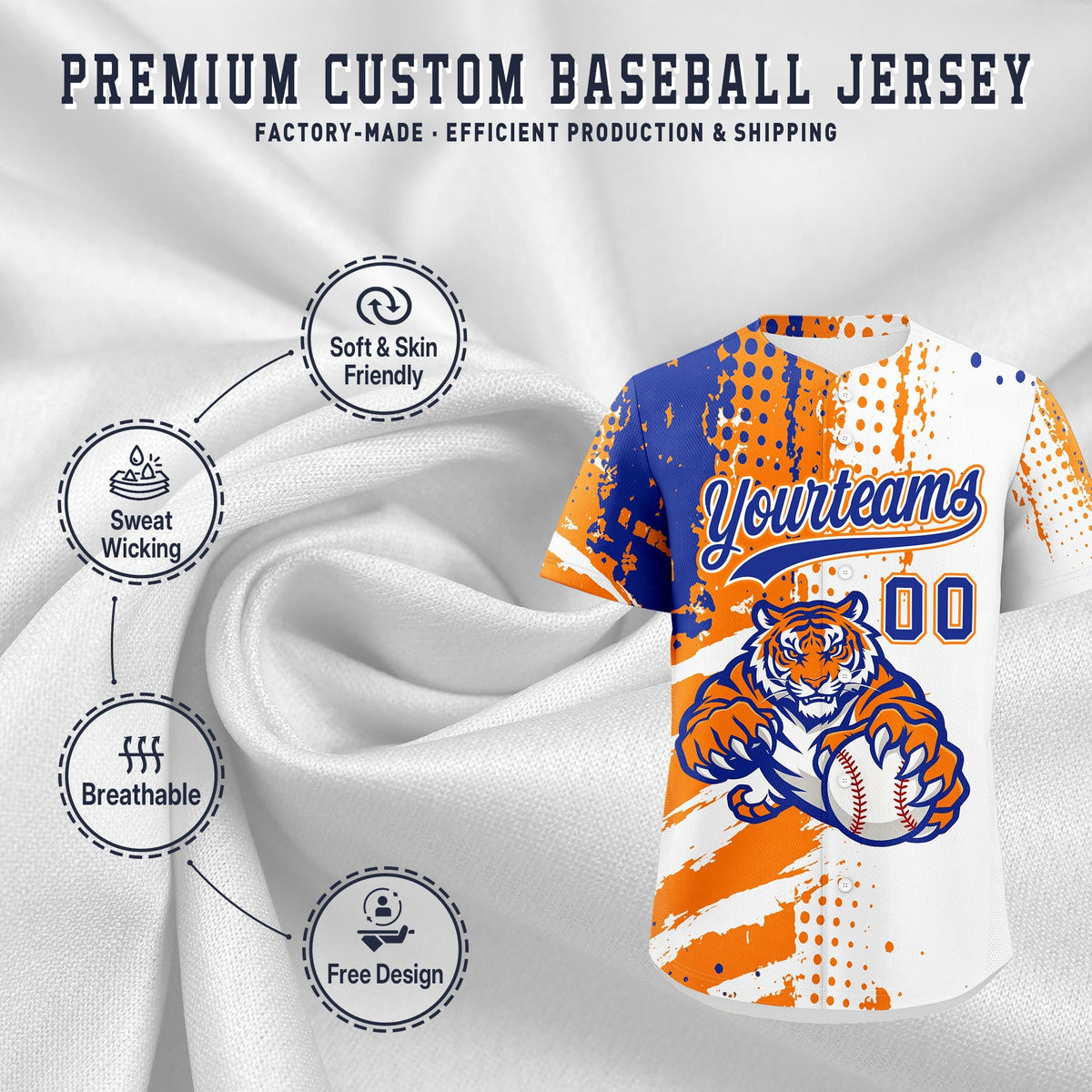 Custom White Orange Royal Blue Full-Snap Graffiti Pattern Tiger Graffiti Jersey Baseball Jersey| KXKSHOP