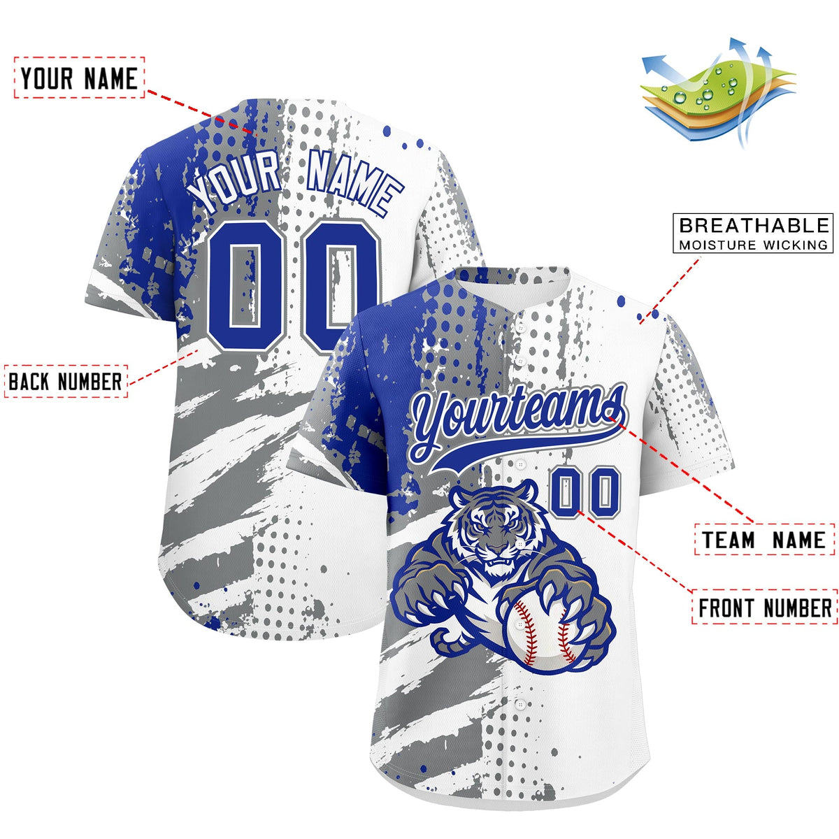 Custom White Gray Royal Blue Full-Snap Graffiti Pattern Tiger Graffiti Jersey Baseball Jersey| KXKSHOP