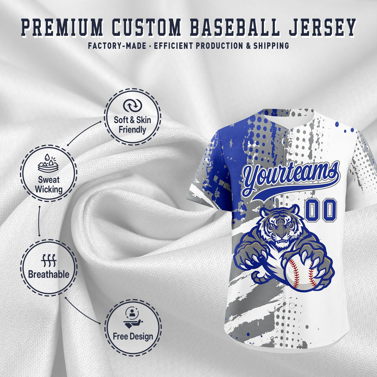 Custom White Gray Royal Blue Full-Snap Graffiti Pattern Tiger Graffiti Jersey Baseball Jersey| KXKSHOP