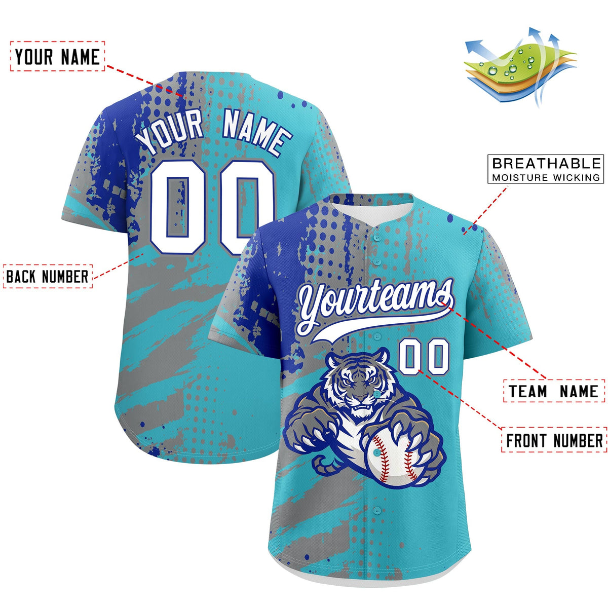Custom Sky Blue Gray Royal Blue Full-Snap Graffiti Pattern Tiger Graffiti Jersey Baseball Jersey| KXKSHOP