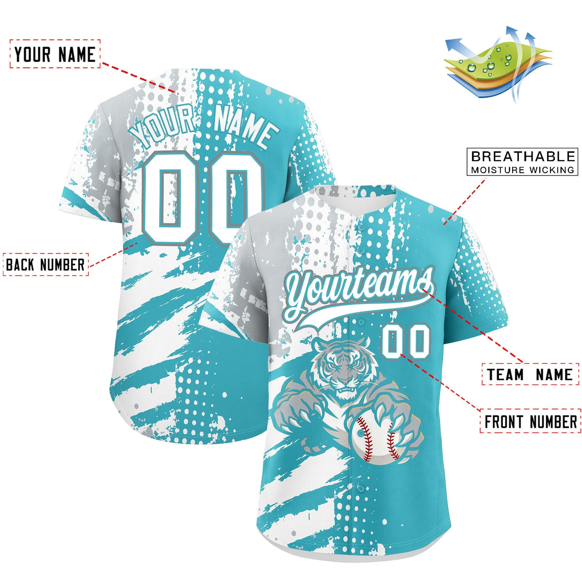 Custom Sky Blue Silver White Full-Snap Graffiti Pattern Tiger Graffiti Jersey Baseball Jersey| KXKSHOP