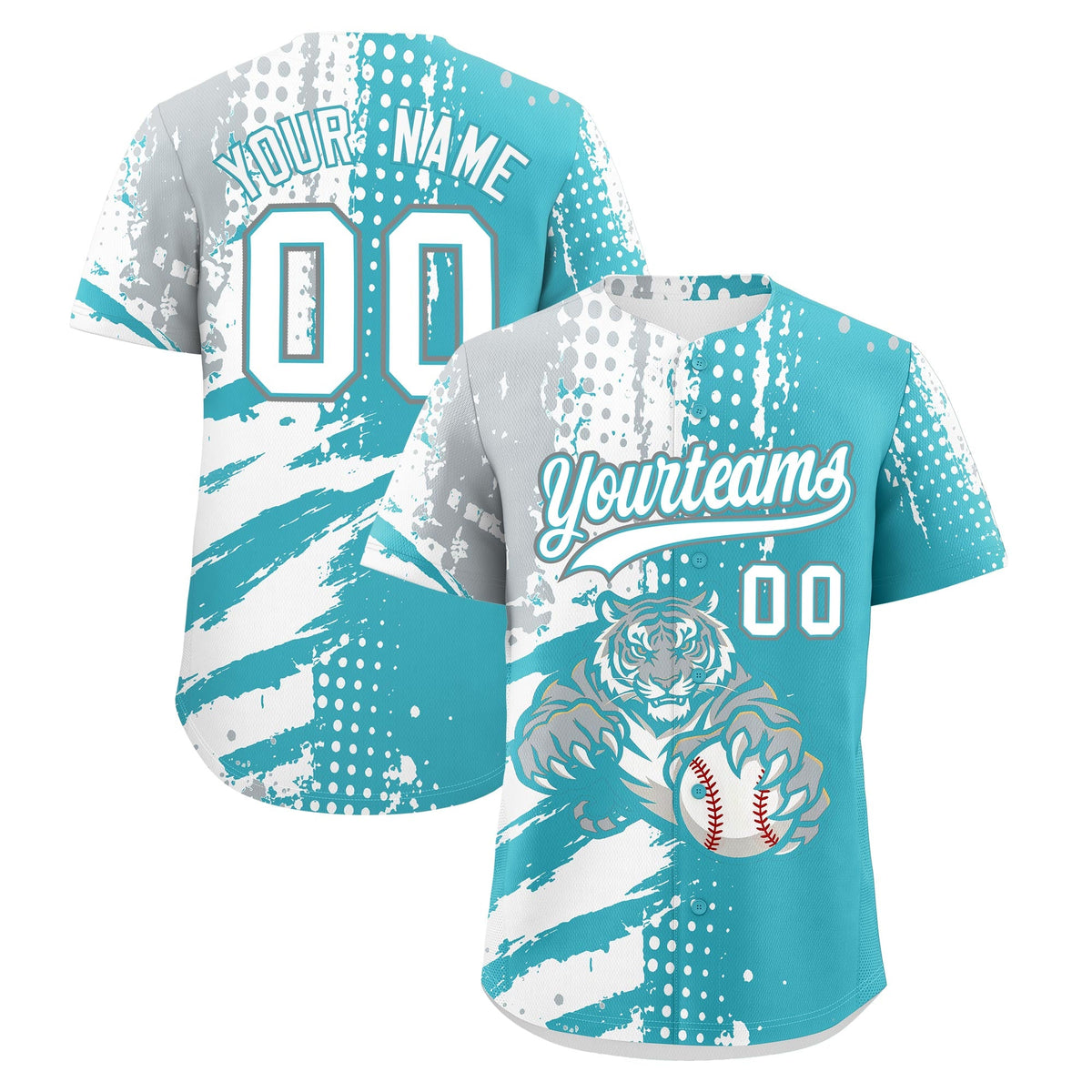 Custom Sky Blue Silver White Baseball Jersey Full-Snap Graffiti Pattern Tiger Graffiti Jersey