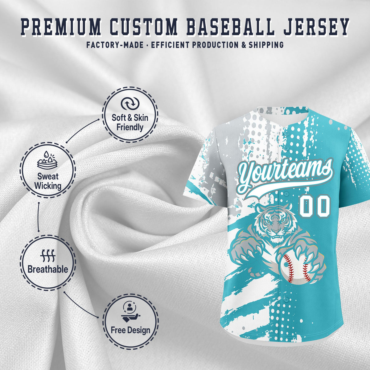 Custom Sky Blue Silver White Full-Snap Graffiti Pattern Tiger Graffiti Jersey Baseball Jersey| KXKSHOP