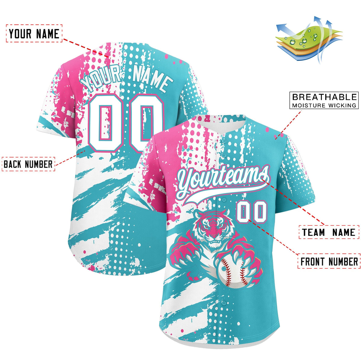 Custom Sky Blue White Pink Full-Snap Graffiti Pattern Tiger Graffiti Jersey Baseball Jersey| KXKSHOP