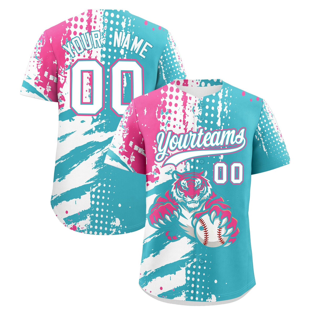 Custom Sky Blue White Pink Baseball Jersey Full-Snap Graffiti Pattern Tiger Graffiti Jersey