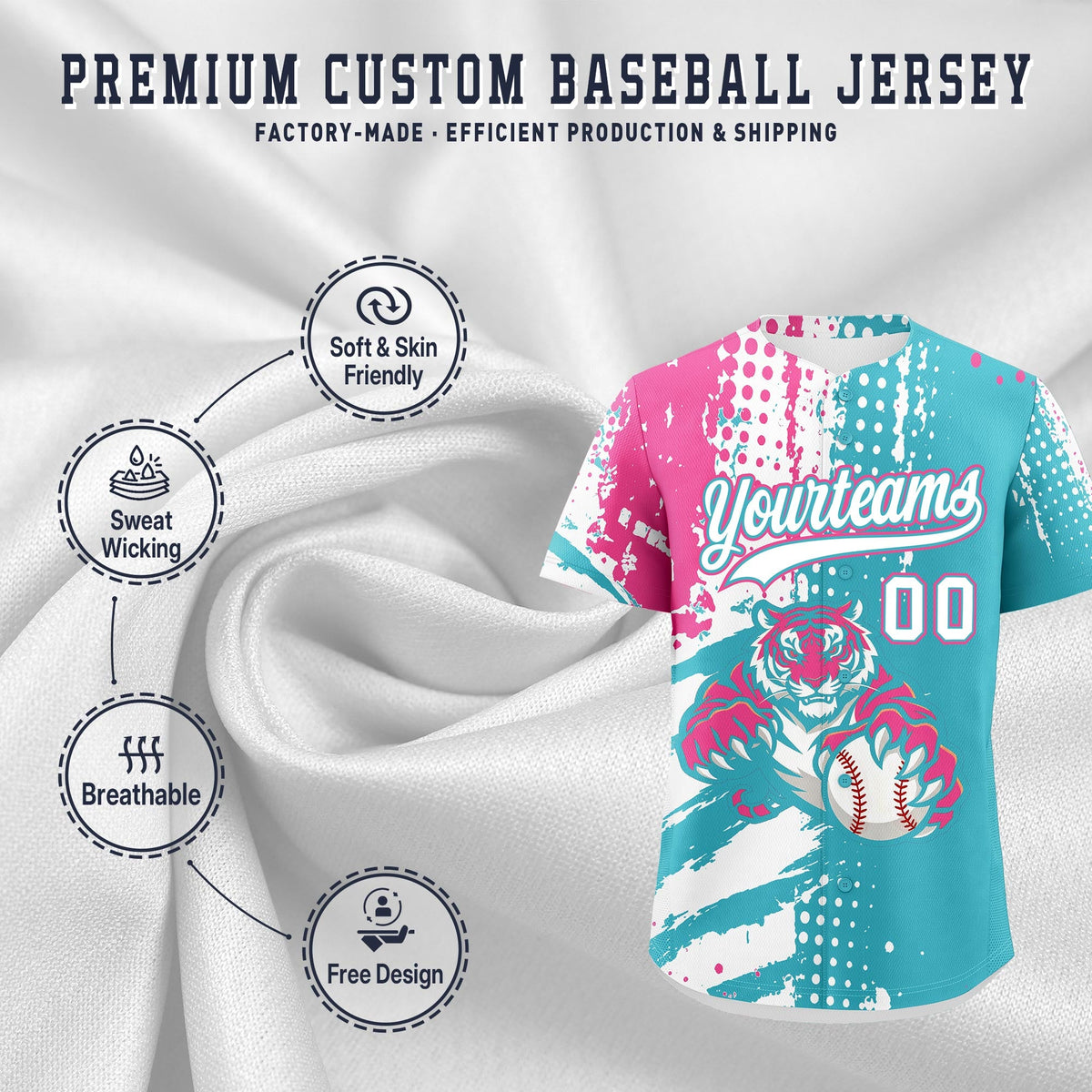 Custom Sky Blue White Pink Full-Snap Graffiti Pattern Tiger Graffiti Jersey Baseball Jersey| KXKSHOP