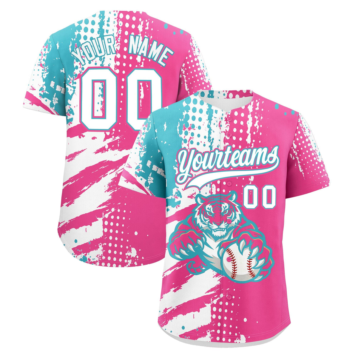 Custom Pink White Sky Blue Baseball Jersey Full-Snap Graffiti Pattern Tiger Graffiti Jersey