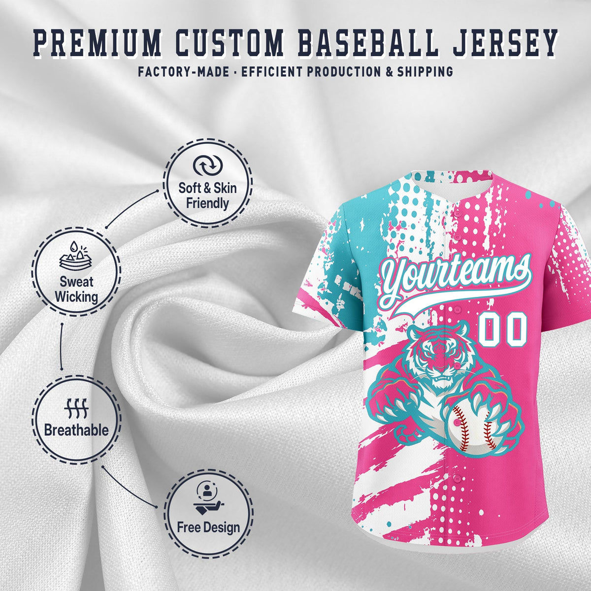 Custom Pink White Sky Blue Full-Snap Graffiti Pattern Tiger Graffiti Jersey Baseball Jersey| KXKSHOP