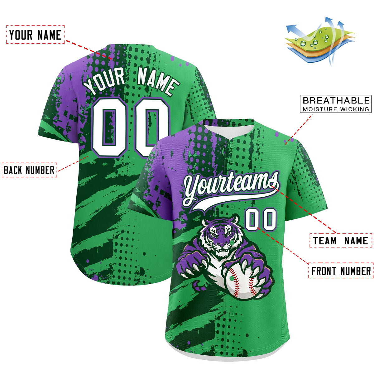Custom Neon Green Dark Green White Full-Snap Graffiti Pattern Tiger Graffiti Jersey Baseball Jersey| KXKSHOP