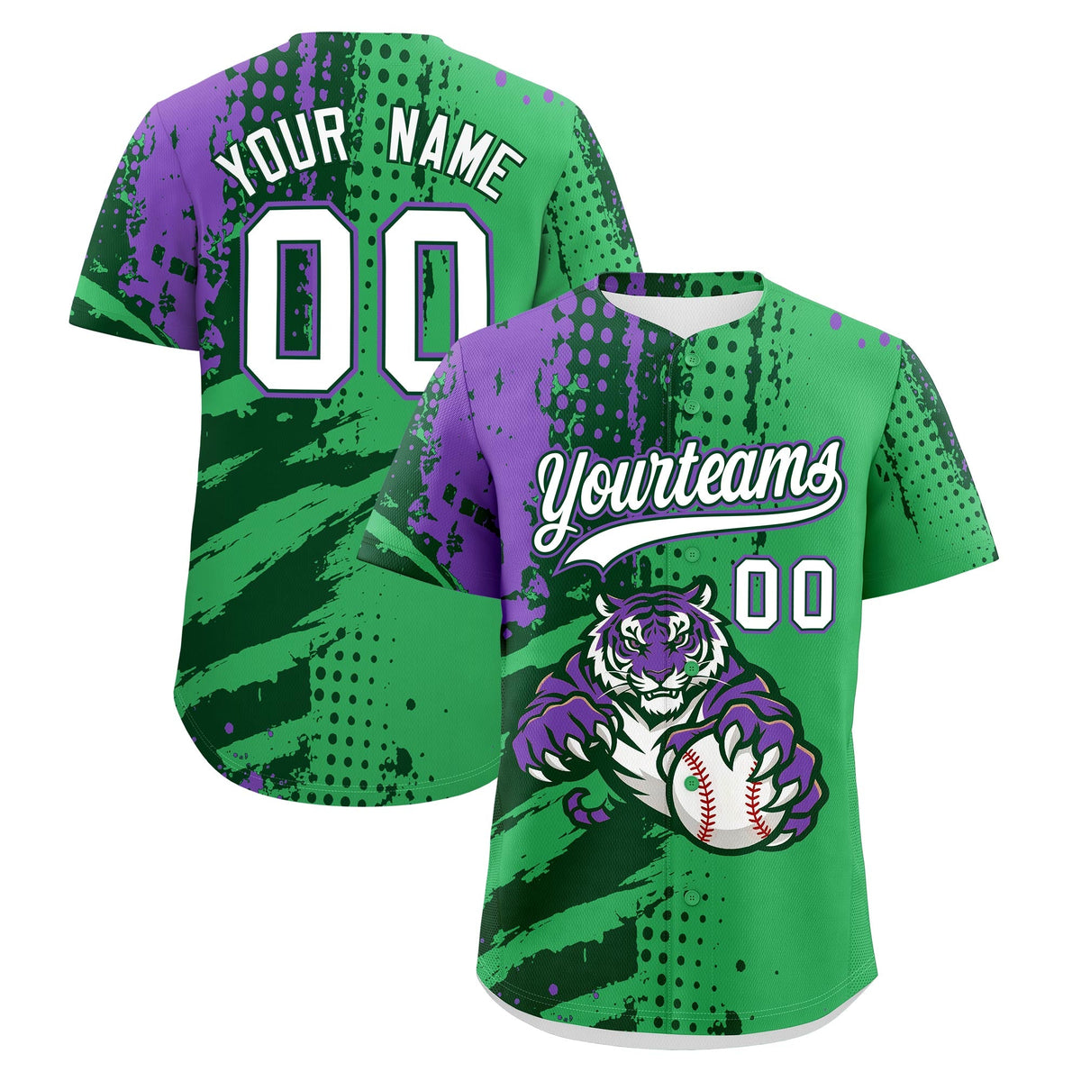 Custom Neon Green Dark Green White Baseball Jersey Full-Snap Graffiti Pattern Tiger Graffiti Jersey
