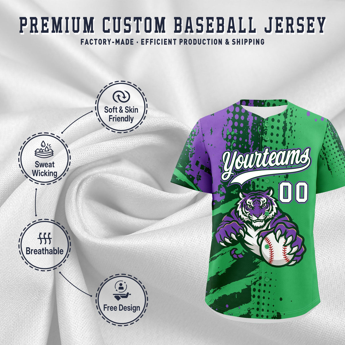 Custom Neon Green Dark Green White Full-Snap Graffiti Pattern Tiger Graffiti Jersey Baseball Jersey| KXKSHOP