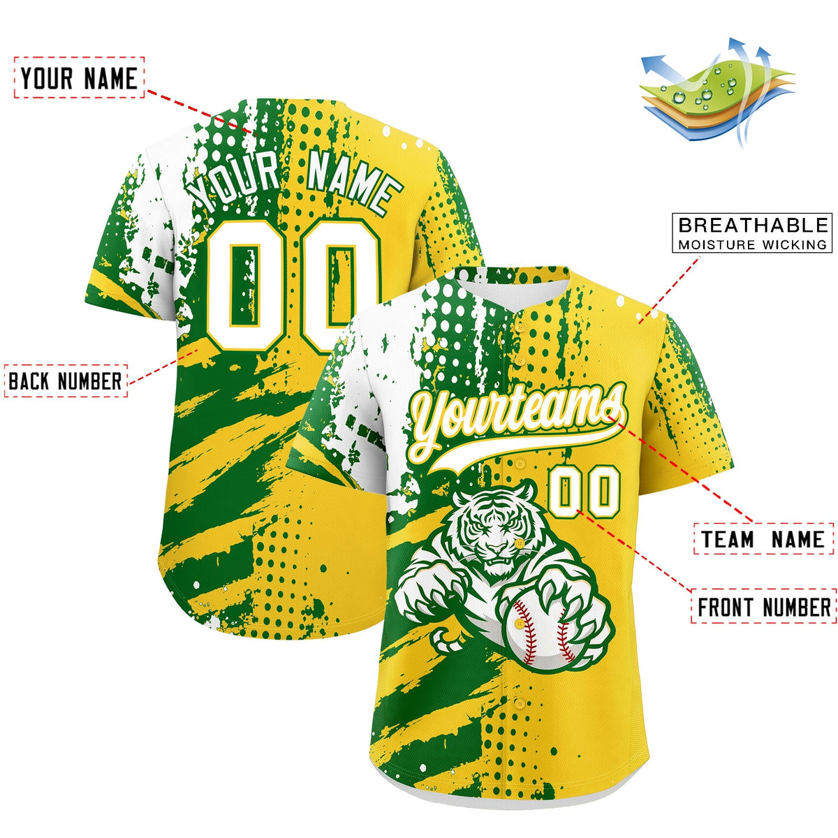 Custom Gold Kelly Green White Full-Snap Graffiti Pattern Tiger Graffiti Jersey Baseball Jersey| KXKSHOP