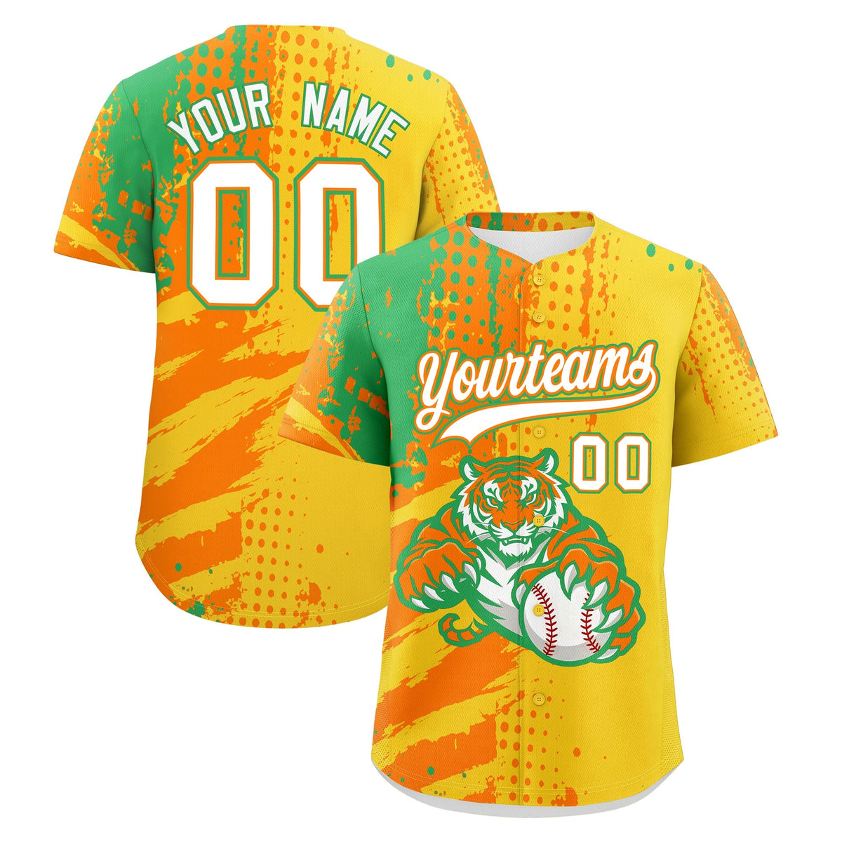 Custom Gold Orange Neon Green Baseball Jersey Full-Snap Graffiti Pattern Tiger Graffiti Jersey