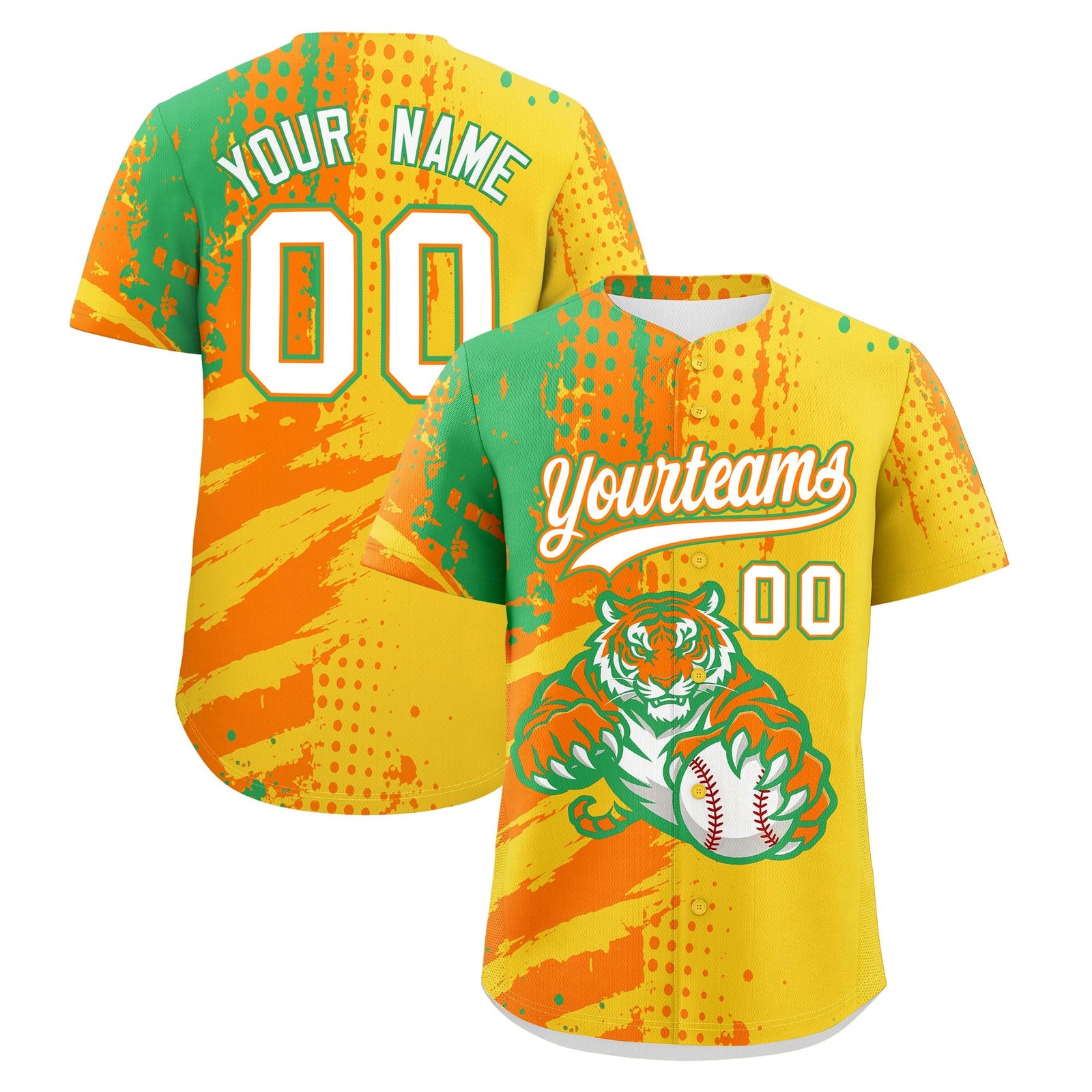 Custom Gold Orange Neon Green Baseball Jersey Full-Snap Graffiti Pattern Tiger Graffiti Jersey