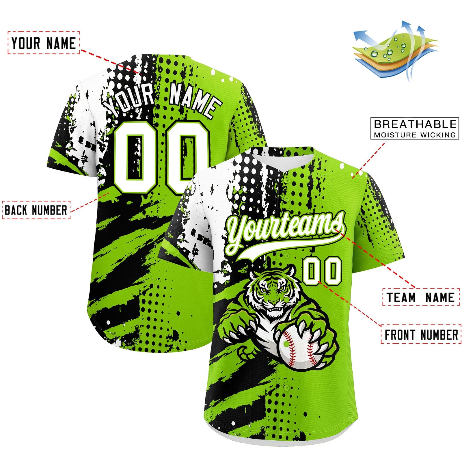 Custom Neon Green Black White Full-Snap Graffiti Pattern Tiger Graffiti Jersey Baseball Jersey| KXKSHOP