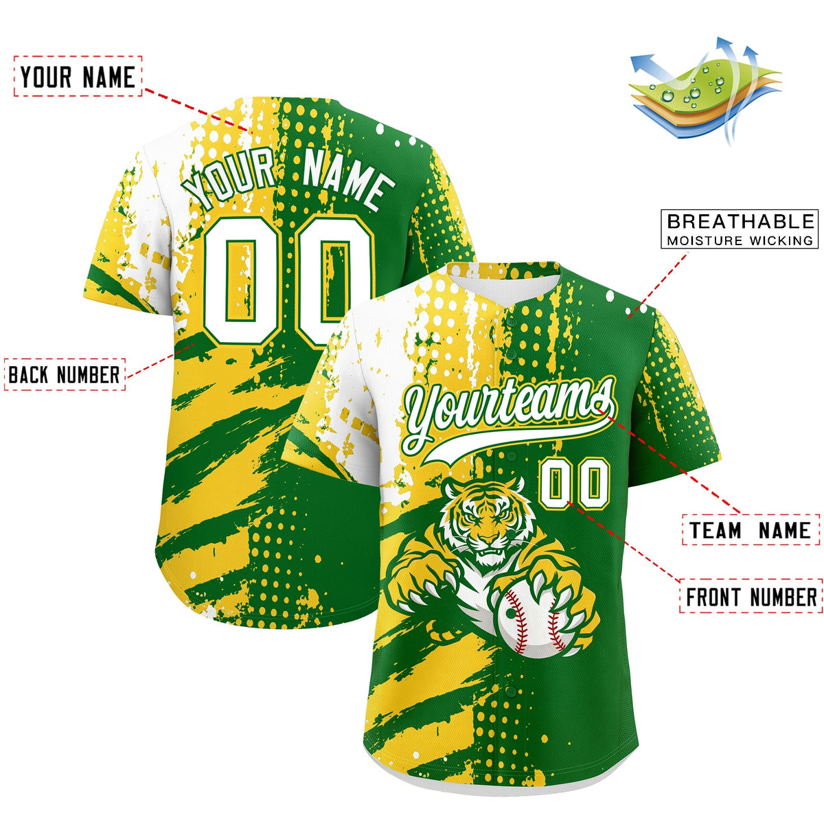 Custom Kelly Green Gold White Full-Snap Graffiti Pattern Tiger Graffiti Jersey Baseball Jersey| KXKSHOP
