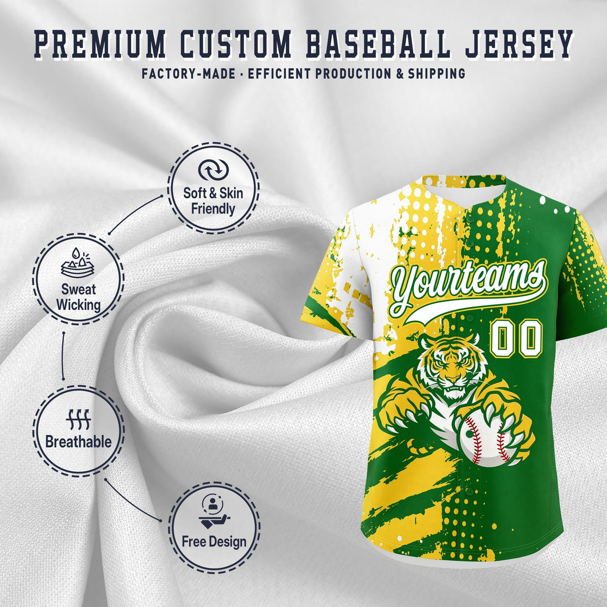 Custom Kelly Green Gold White Full-Snap Graffiti Pattern Tiger Graffiti Jersey Baseball Jersey| KXKSHOP
