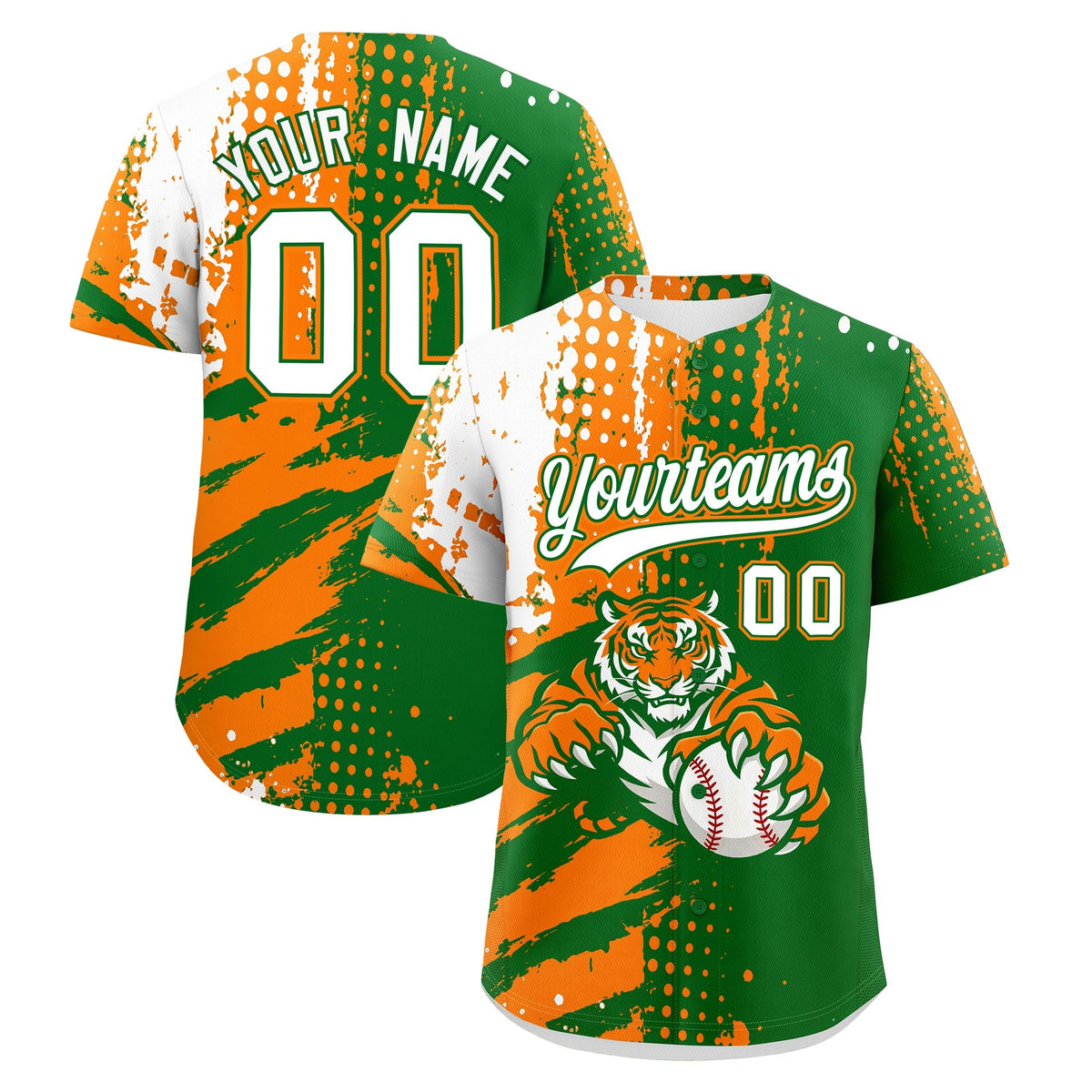 Custom Kelly Green Orange White Baseball Jersey Full-Snap Graffiti Pattern Tiger Graffiti Jersey