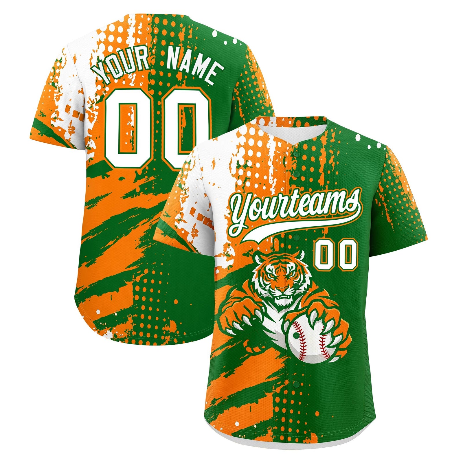 Custom Kelly Green Orange White Baseball Jersey Full-Snap Graffiti Pattern Tiger Graffiti Jersey