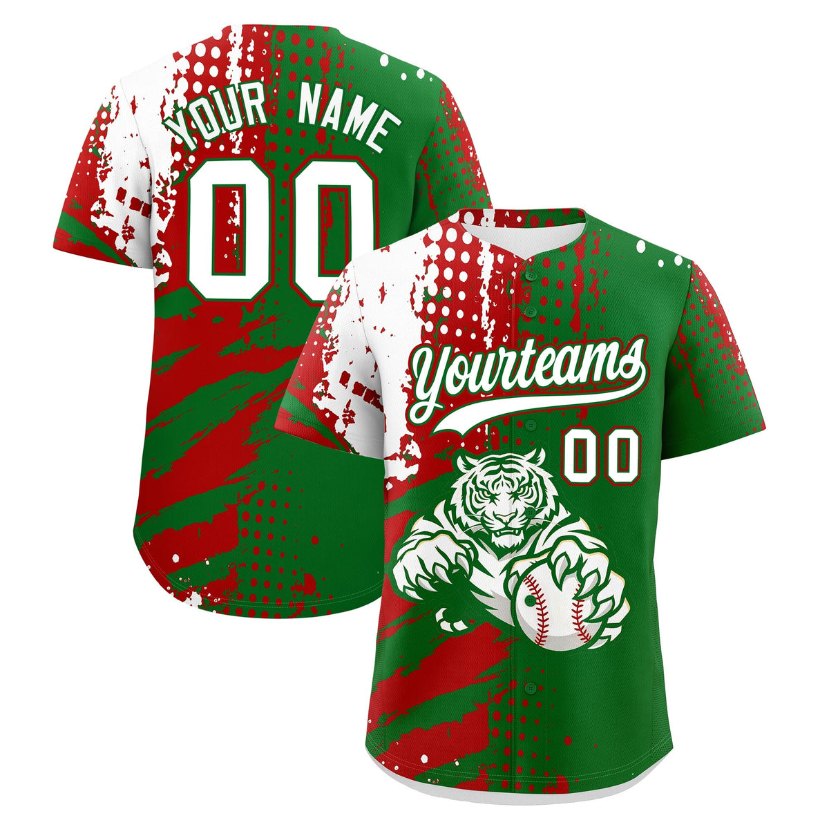 Custom Kelly Green Red White Baseball Jersey Full-Snap Graffiti Pattern Tiger Graffiti Jersey