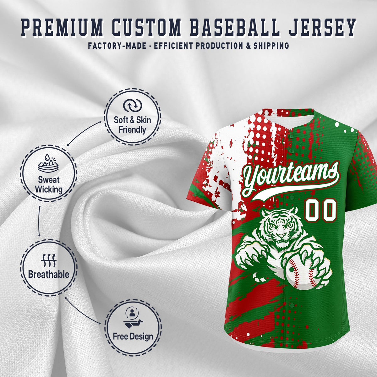 Custom Kelly Green Red White Full-Snap Graffiti Pattern Tiger Graffiti Jersey Baseball Jersey| KXKSHOP