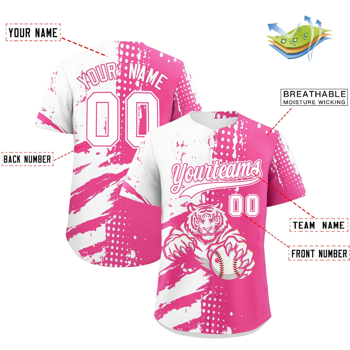 Custom White Pink Full-Snap Graffiti Pattern Tiger Graffiti Jersey Baseball Jersey| KXKSHOP