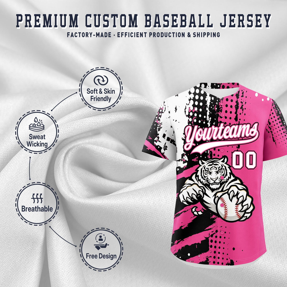 Custom Pink Black White Full-Snap Graffiti Pattern Tiger Graffiti Jersey Baseball Jersey| KXKSHOP