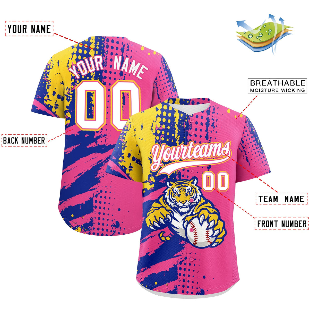 Custom Pink Royal Blue Gold Full-Snap Graffiti Pattern Tiger Graffiti Jersey Baseball Jersey| KXKSHOP