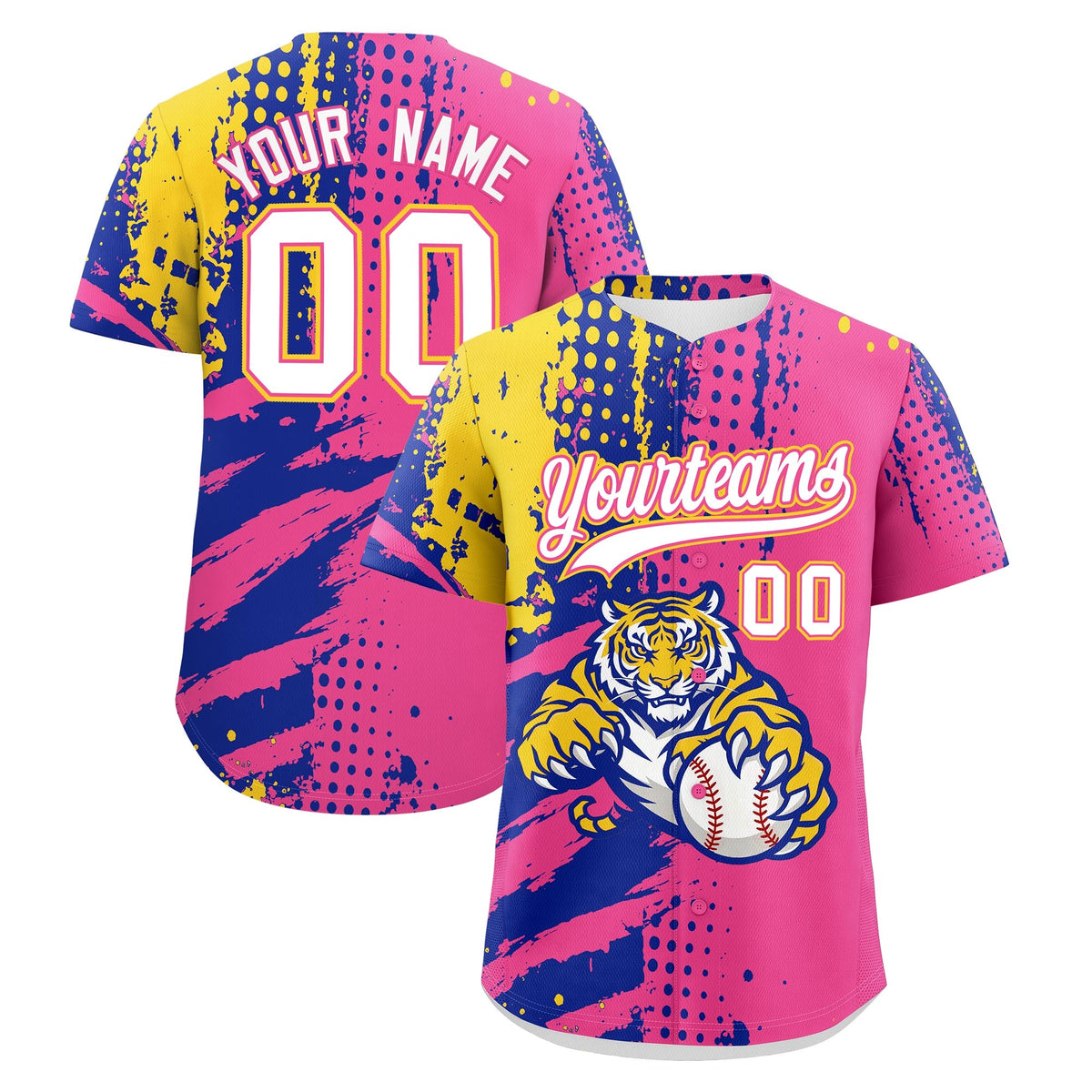 Custom Pink Royal Blue Gold Baseball Jersey Full-Snap Graffiti Pattern Tiger Graffiti Jersey